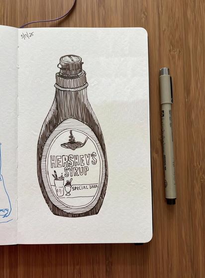 A bottle of Hershey’s Chocolate syrup drawn with a pen.