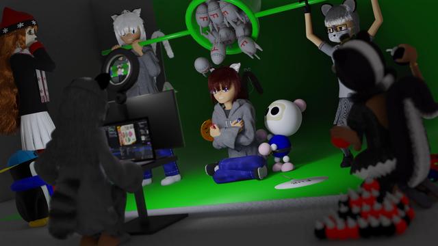 Belle as a streamer, about to get a bunch of plush F-bombs dumped on her as Bomberman stares up, shocked.  Chime, Jack, Kagami, GS, Carillon, and Tocsin serve on the production crew ready with camera, props, and direction.