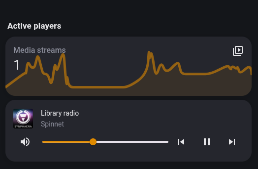 Screenshot of my media screen in Home Assistant showing currently 1 stream playing with player info, and a line chart of the historical number of streams over the past 24 hours