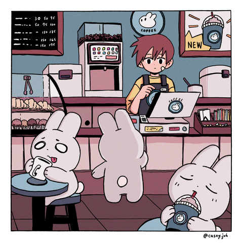 An illustration of some rabbits drinking coffee in a cafe.