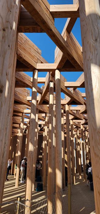 My photograph taken from the Uzbekistan Pavilion at Expo2025 Osaka. This is the Pavilion's beautiful rooftop evoking Khiva's Juma mosque with its symmetrically placed wooden pillars.