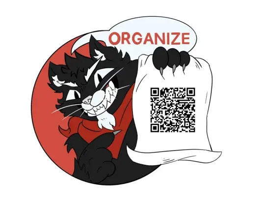 Text 
ORGANIZE

Image:
Sticker: a black cat holds up a “barcode” 

SaboTabby QR Code Stickers (inspired by u/Striking-Watch)