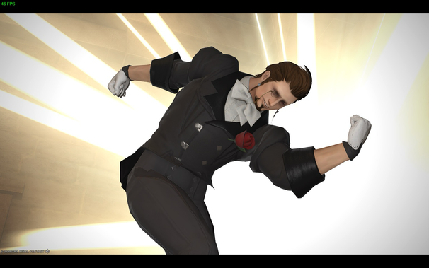 A character in a video game strikes a pose in front of stylized golden lighting. The character is wearing a black suit with a red rose on the lapel, a bow tie, and white gloves. He has a monocle and scars on his face. His expression and stance convey showmanship.