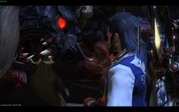 A character from Final Fantasy XIV, with long blue hair and wearing a white and blue outfit, stands face-to-face with a large, grotesque monster. The monster is dark and fleshy, with menacing teeth and glowing red eyes. A weapon can also be seen in the character's right hand.