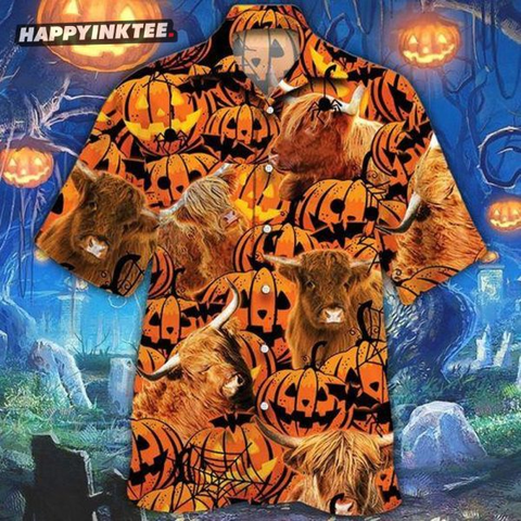 Highland Cattle Halloween Pumpkin Hawaiian Shirt
