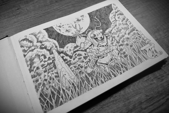 Dessin dans un carnet représentant un insecte humanoïde, en tenue d'aventurier, portant un baluchon au bout d'un bâton sur son épaule et s'éloignant d'une tour étrange sous la pleine lune