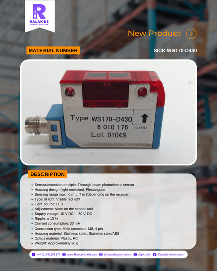 Spesification of SICK WS170-D430 from Ralakde Automation.