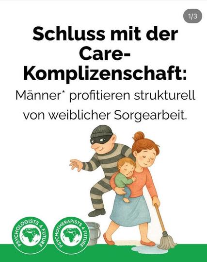Eine Frau mit einem Kleinkind auf dem Arm fegt den Boden mit der linken Hand, während ein Mann mit Pudelmütze,Maske und gestreifter Sträflingskleidung mit ausgestreckter Kralle hinter ihr her schleicht.
