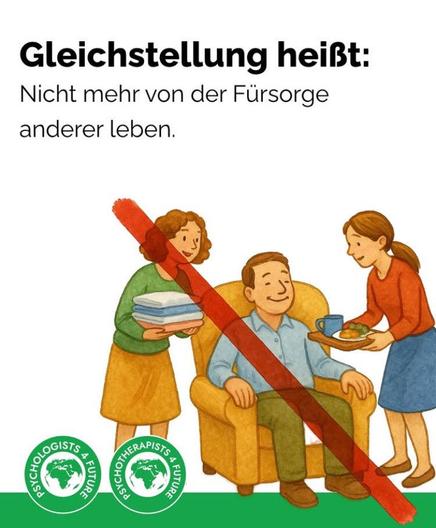 Ein quer rot durchgestrichenes Bild von 2 Frauen, die einem im Sessel sitzenden Mann eine Mahlzeit und ordentlich gefaltete Kleidung bringen.