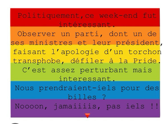 Drapeau LGBTQIA Politiquement, ce week-end fut intéressant. Observer un parti, dont un de ses ministres et leur président, faisant l'apologie d'un torchon transphobe, défiler à la Pride. C'est assez perturbant mais interessant. Nous prendraient-iels pour des billes? Noooon, jamaiiiis, pas iels