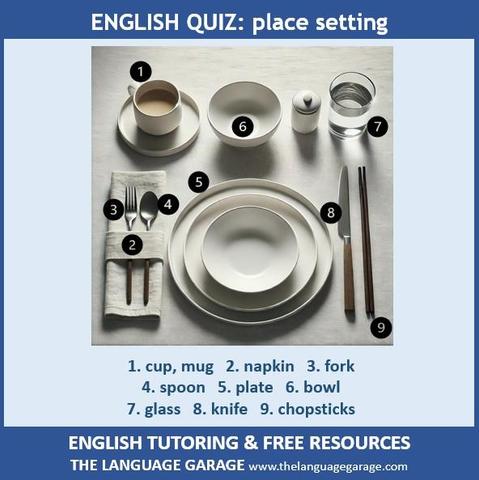 Basic English vocabulary quiz, image of a place setting
