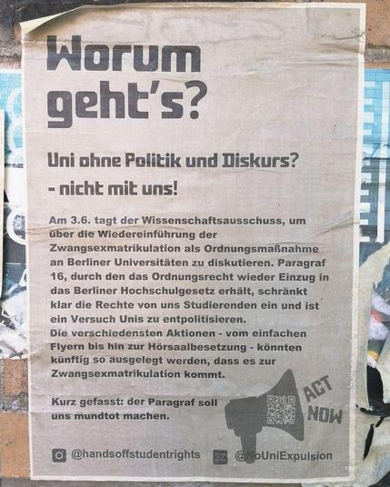 Worum geht's? Uni ohne Politik und Diskurs? - nicht mit uns!

2024

#handsoffstudentrights #tuberlin #b0306 #zwangsexmatrikulation #berlinposter #politicalposter
