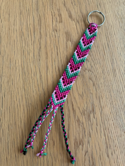 Ein Bändchen, in den Farben hell- und dunkelrosa, hell- und dunkelgrün und schwarz, dass etwas wie eine Melone aussieht.