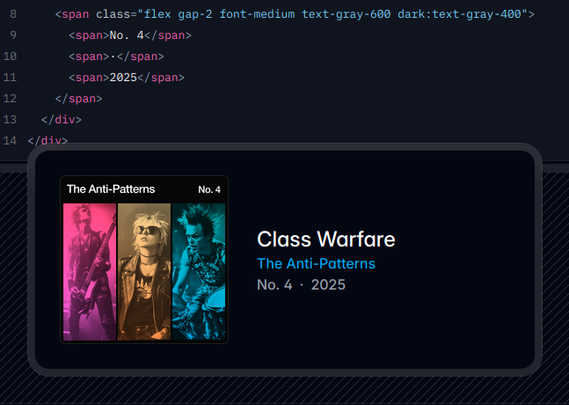 Screenshot of a tailwind-css markup example with the result, looking like teaser for a fictional punk album called "Class Warfare" by the fictional band "The Anti-Patterns" hinting at the fact that the webdev community is divided regarding util-class css frameworks