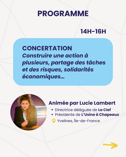 PROGRAMME
14H-16H
CONCERTATION
Construire une action a
plusieurs, partage des tdches
et des risques, solidarités
économiques...
- Animée par Lucie Lambert
—> Directrice déléguée de La Clef
—> Présidente de L'Usine a Chapeaux
Yvelines, lle-de-France