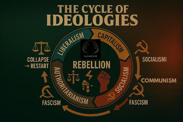 A widescreen visual representation of the cycle of ideologies. The image features a circular flow connecting liberalism, capitalism, rebellion, socialism, communism, authoritarianism, fascism, collapse, and restarting into liberalism. Each ideology is represented with distinct symbols and artistic elements, illustrating how societies shift through these phases over time. The colors and composition emphasize contrast, growth, conflict, control, and eventual renewal, capturing the cyclical nature of political and economic systems.
