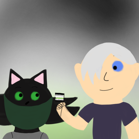 Drawing of Jupiter looking at Liam and Liam looks at Jupiter with a smile while holding agender flag on her hand. The background is in agender flag's colors