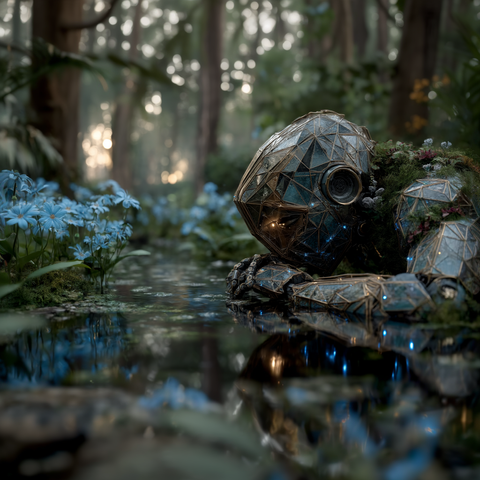 Midjourney Prompt: A sleeping geometric crystal robot gazing at its reflection in an enchanted pond, Narcissus-inspired, mystical atmosphere, bioluminescent flora, moonlight filtering through ancient trees, mist hovering over water surface, intricate metallic and crystal details, magical forest setting, cinematic lighting, detailed environment, hyperrealistic, 8k, artstation masterpiece, volumetric lighting, depth of field --stylize 750 --v 7
