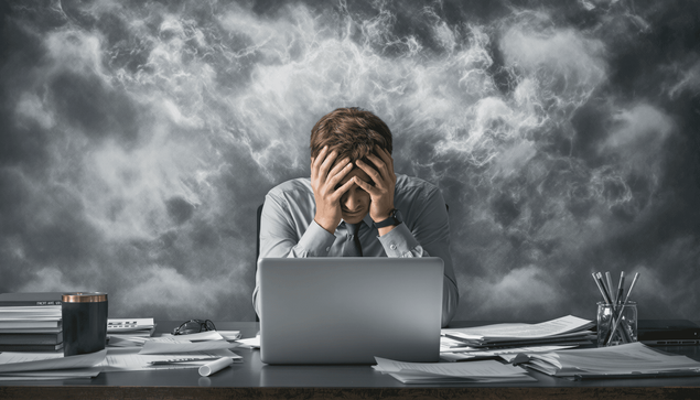 A stressed professional at a cluttered desk with laptop and papers, holding their head amid faint swirling clouds symbolizing mental exhaustion.