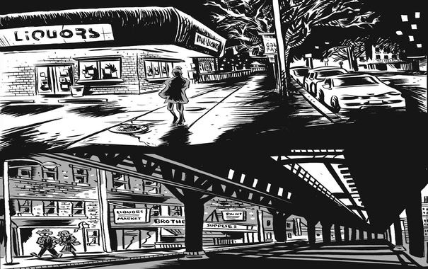 Two illustrated scenes from city life done in greyscale.