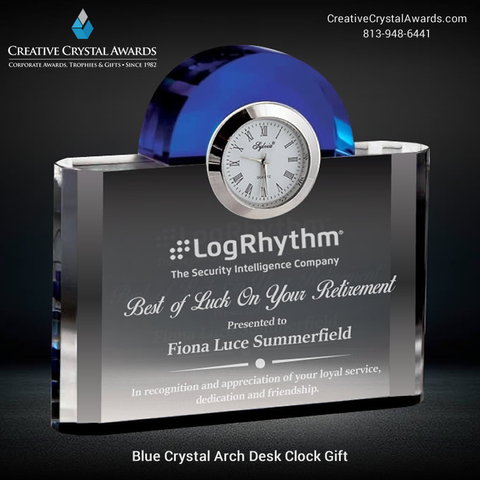 Engraved crystal desk clock award, blue crystal arch clock, personalized crystal clock, blue arch crystal clock gift, crystal clock for employees, crystal promotional clock, optical clock award, crystal gifts supplier USA, Creative Crystal Awards