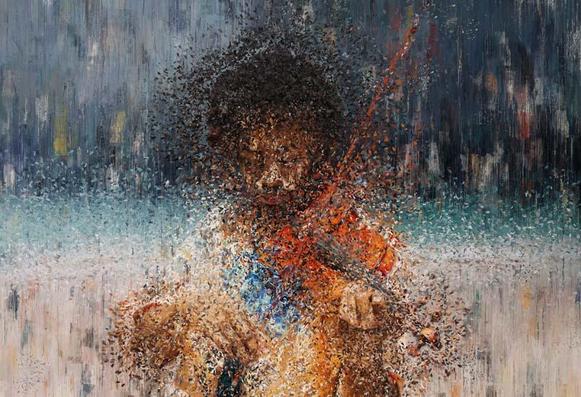 As the storm approaches, the violinist stands on the seashore, the sound of the waves blending with the mesmerizing melody of the violin. 