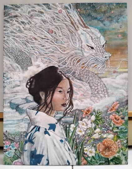 a paitning of a woman in a white kimono with minimalist leaf and floral patterning, standing on a hill at a shore, a large blue and silver and white water dragon behind her, a sunset behind, waves coming in,, the girl and the dragon are looking in the same direction, to the right 