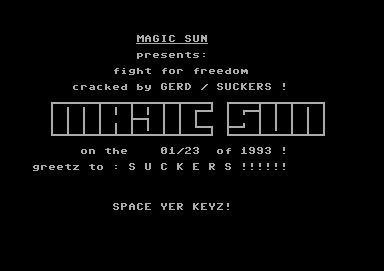 Screenshot of "Fight for Freedom" - Crack: Suckers - Published by Victrix on Commodore 64 (1993)