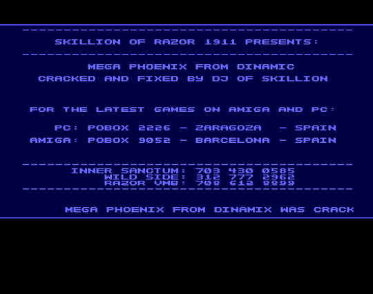 Screenshot of "Mega Phoenix" - Crack: Razor - Published by Dinamic on Commodore Amiga (1991)