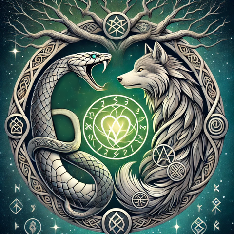 A sigil with a serpent on the left and a wolf on the right, both facing each other. Around it a circle with Celtic carvings, some imagined runes and on top tree branches, that rise upwards.