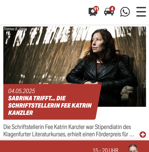 Headerbild der Radiosendung »Sabrina trifft …« mit einem Foto von Fee Kanzler und dem Titel »Sabrina trifft … die Schriftstellerin Fee Katrin Kanzler«.