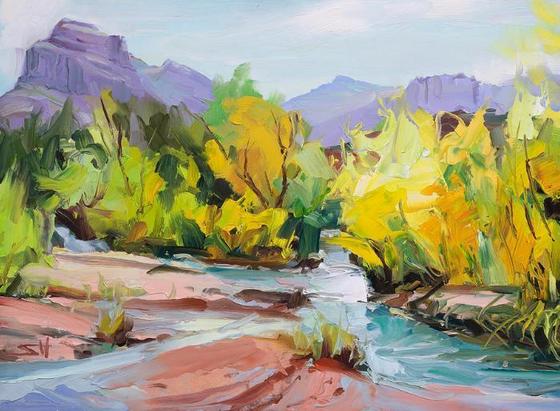 Art print of an original oil painting depicting a series of small streams gathering together in one spot.