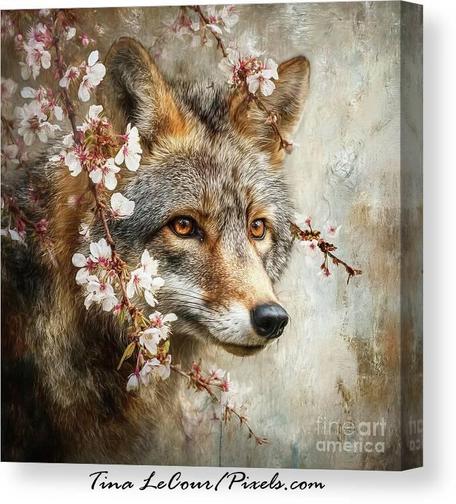 This is a canvas portrait of a pretty fox near some blossom flowers with a textured background. 