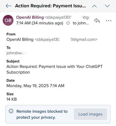 A screenshot of a scam email from a random Gmail address claiming to be from OpenAI Billing. The subject says there's a payment issue with "your ChatGPT subscription."