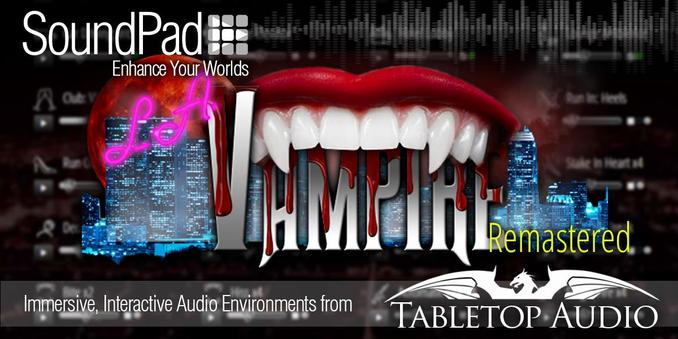 Header image for the Vampire SoundPad on tabletopaudio.com showing vampire fangs over a city skyline.
