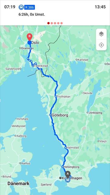 map showing the direct rail route from Copenhagen to Oslo