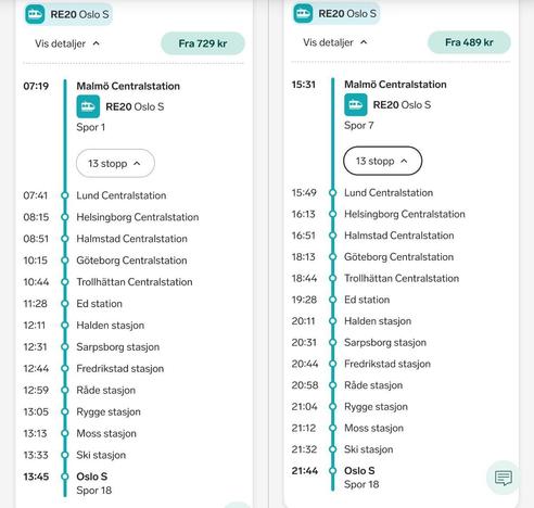 Timetable of the trains from Malmö at 7:19 and 15:31 to Oslo