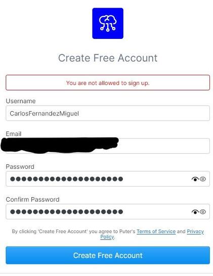 Tried to create a new Puter account - not allowed!