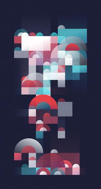 A geometrical composition of rectangles and half-circles in red, turquoise and white forming almost abstract houses and buildings.