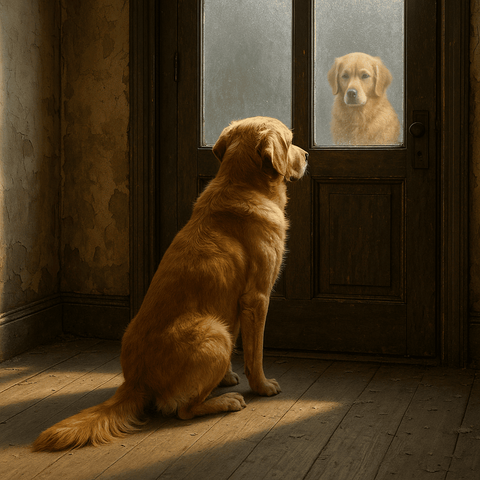 A golden dog sits quietly on a worn wooden floor, facing an old door with frosted glass panels. The light is soft and natural. In the glass, the dog’s reflection appears younger, creating a haunting sense of memory or time passing. The scene feels still, faithful, and emotionally heavy.