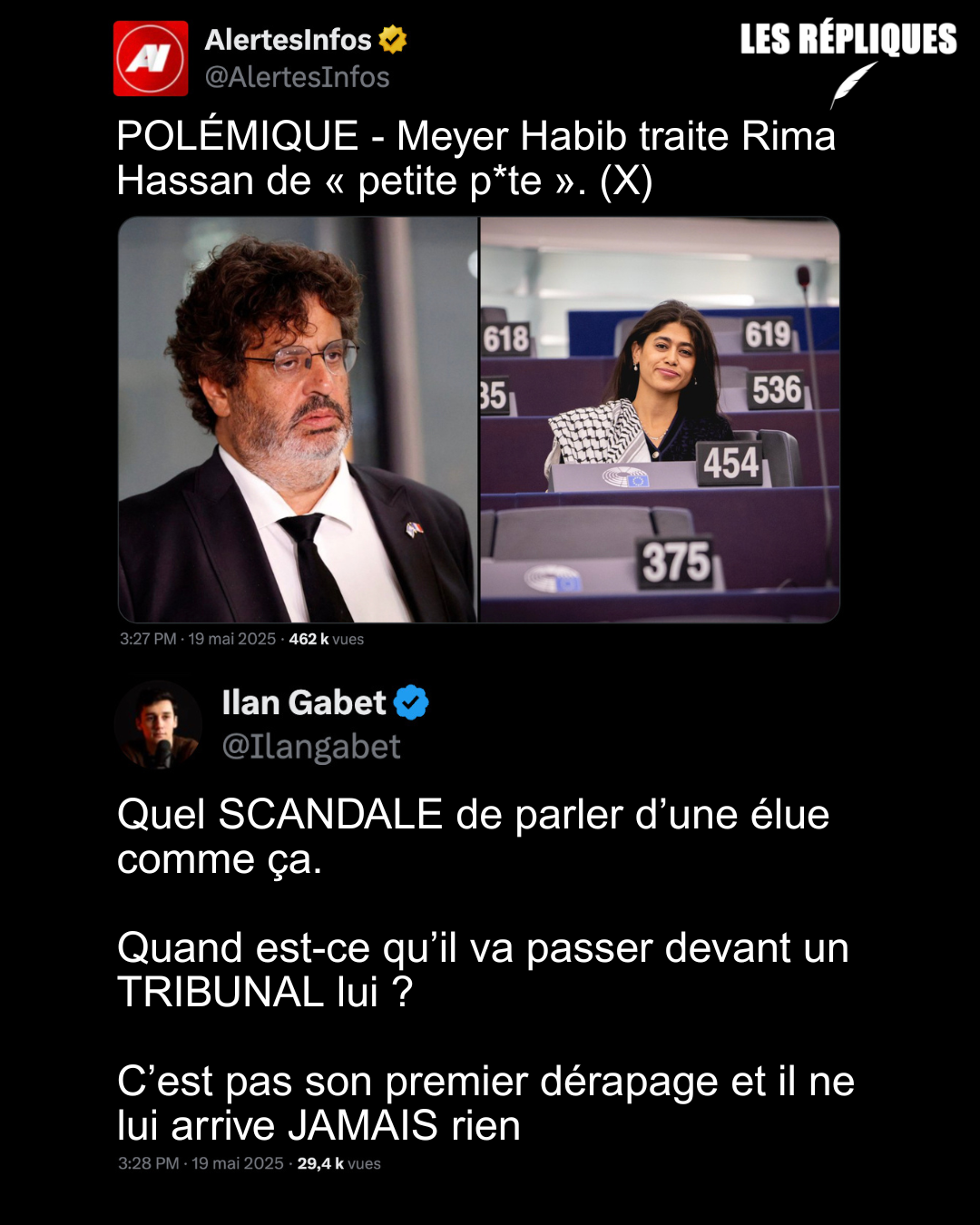L'ancien député Meyer Habib porte parole de Netanyahu en France, qui avait qualifié le peuple Palestinien à Gaza de "cancer&quot;, a traité sur X l'actuelle députée européenne Rima Hassan de &quot;pute antisémite&quot; avant de se raviser et <br />d'écrire &quot;vermine antisémite&quot;. Réplique de Ilan Gabet : Quel SCANDALE de parler d’une élue comme ça. Quand est-ce qu’il va passer devant un TRIBUNAL lui ? C’est pas son premier dérapage et il ne lui arrive JAMAIS rien