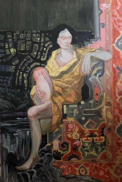 A woman with dark hair wearing a gold and silver emergency blanket around her sits on a corner of a design of Persian rug as though it were an armchair. One foot up, the other resting on a rock by a small river waterfall. Behind is the city at night with lights and streets in tiny golden squares done abstractly and at a many different perspectives. Her hair merges with the background streets. Eventually I will paint vertical lines at the top which will make this look like a loom and an unfinished weaving. 