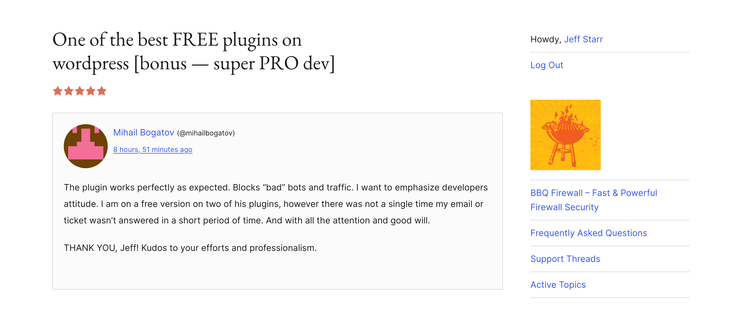Screenshot of review for BBQ Firewall WP plugin visit the link to read feedback text and more details