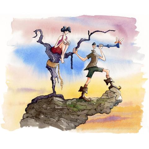 My watercolor painting titled “Where Do We Go From Here?” has a man and a woman on a rocky outcrop, the man earnestly peering into the future through a telescope while the woman sits passively in the crotch of a tree beside him. Ominously, a frayed rope wraps a portion of the tree trunk while in a hopeful sign a butterfly has alighted upon the end of the spyglass.
