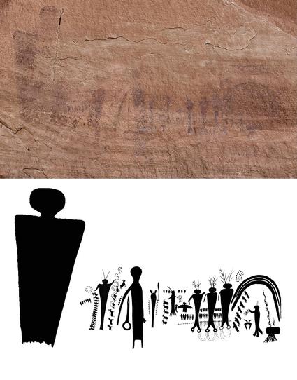 Faded red rock art of anthropomorphs, zoomorphs, and various glyphs on sandstone cliff wall in upper half. Bottom half is black and white representation of the images in photograph above.