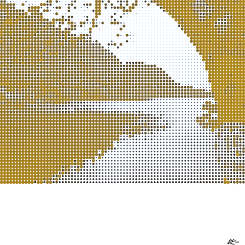 A picture of a lake viewed through the arch of a bridge, with some fairly steep hills on the far side. The image is rendered as an array of circles of various sizes: small in the bright areas, large in the dark ones. The colours are mapped too: yellows for the dark areas, blue for the light.