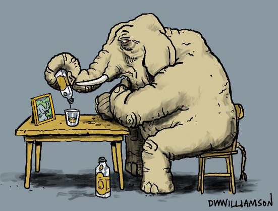 Elephant sitting at a table drinking scotch in front of a photo of a lost love