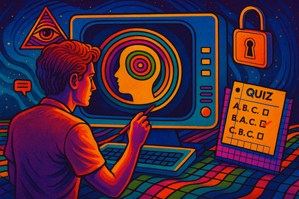 A retro-futuristic illustration of a student interacting with a glowing computer screen showing a head silhouette, surrounded by psychedelic colors, quiz options, a padlock, and a floating eye symbol.