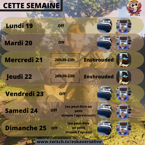 Lundi 19, mardi 20 : off
Mercredi 21 20h30-23h : Enshrouded
Jeudi 22 : 20h30-23h : Enshrouded
Vendredi 23, Samedi 24, DImanche 25 : Off

Un petit stream samedi aprem/soir ou dimanche aprem, peut-être.