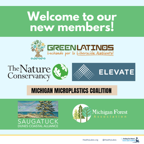 A graphic with logos representing the six new organizations that became members of the Healing Our Waters-Great Lakes Coalition: GreenLatinos, The Nature Conservancy, Elevate, Michigan Microplastics Coalition, Saugatuck Dunes Coastal Alliance, and Michigan Forest Association